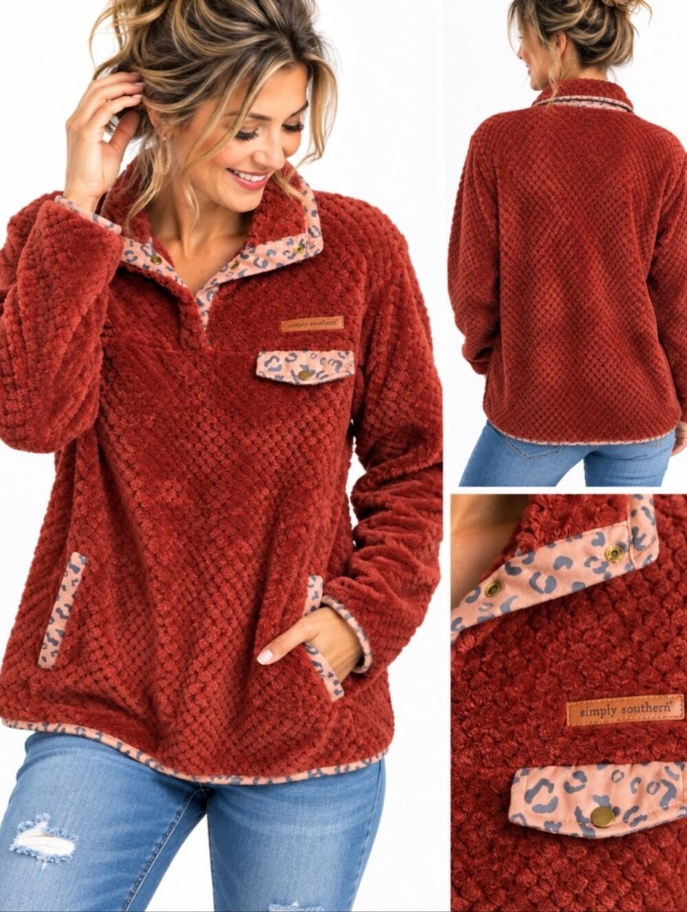 Simply Southern Sherpa XL Fleece Pullover Rust Leopard Trim Snap Neck